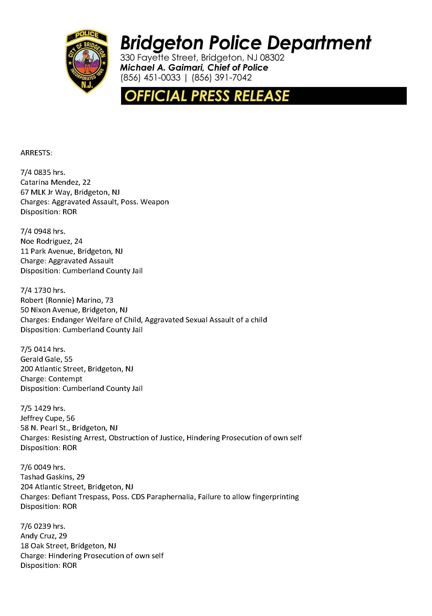 Bridgeton Police on Twitter "Press Release 07/04/2023 to 07/06/2023