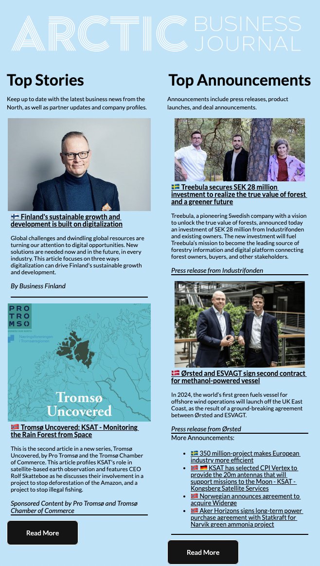 Our latest #newsletter is out now!

Digitalization in Finland, as well as the latest announcements: 

Read more at mailchi.mp/arcticnow/at-a…

Also includes the latest Arctic Today news and analysis!

#arctic #arcticbusiness #tromso #finland #sweden #forests #ai #news #newsletter