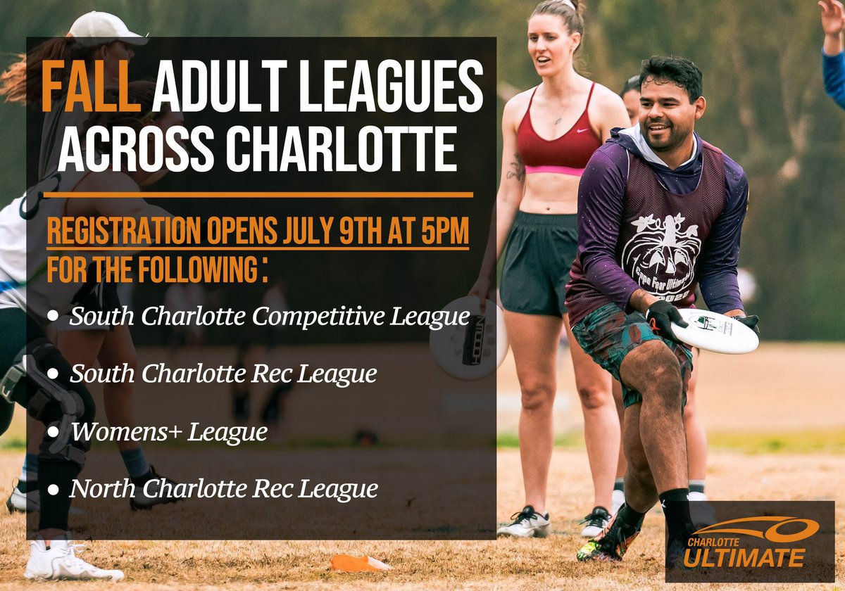 Want to play Ultimate Frisbee this Fall?

Registration opens for the Fall Adult Leagues on July 9th at 5:00pm:

*North CLT Rec League
*South CLT Competitive League
*South CLT Rec League 
*Women’s+ League
