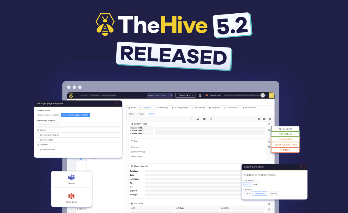 🎉 TheHive 5.2 is released ! Learn more about our latest features: Case Reporting, Page Templates, TLP 2.0, Alert assignment and MS Teams integration. #thehive #incidentresponse #casemanagement #sirp #dfir buff.ly/44wUbib