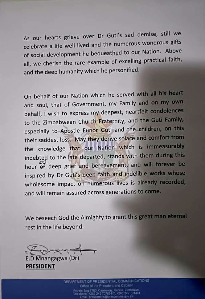 DeptCommsZW's tweet photo. H.E. President @edmnangagwa condolence message following the passing on of Archbishop Ezekiel Guti. MHSRIP https://t.co/jQ6nKGRD0A