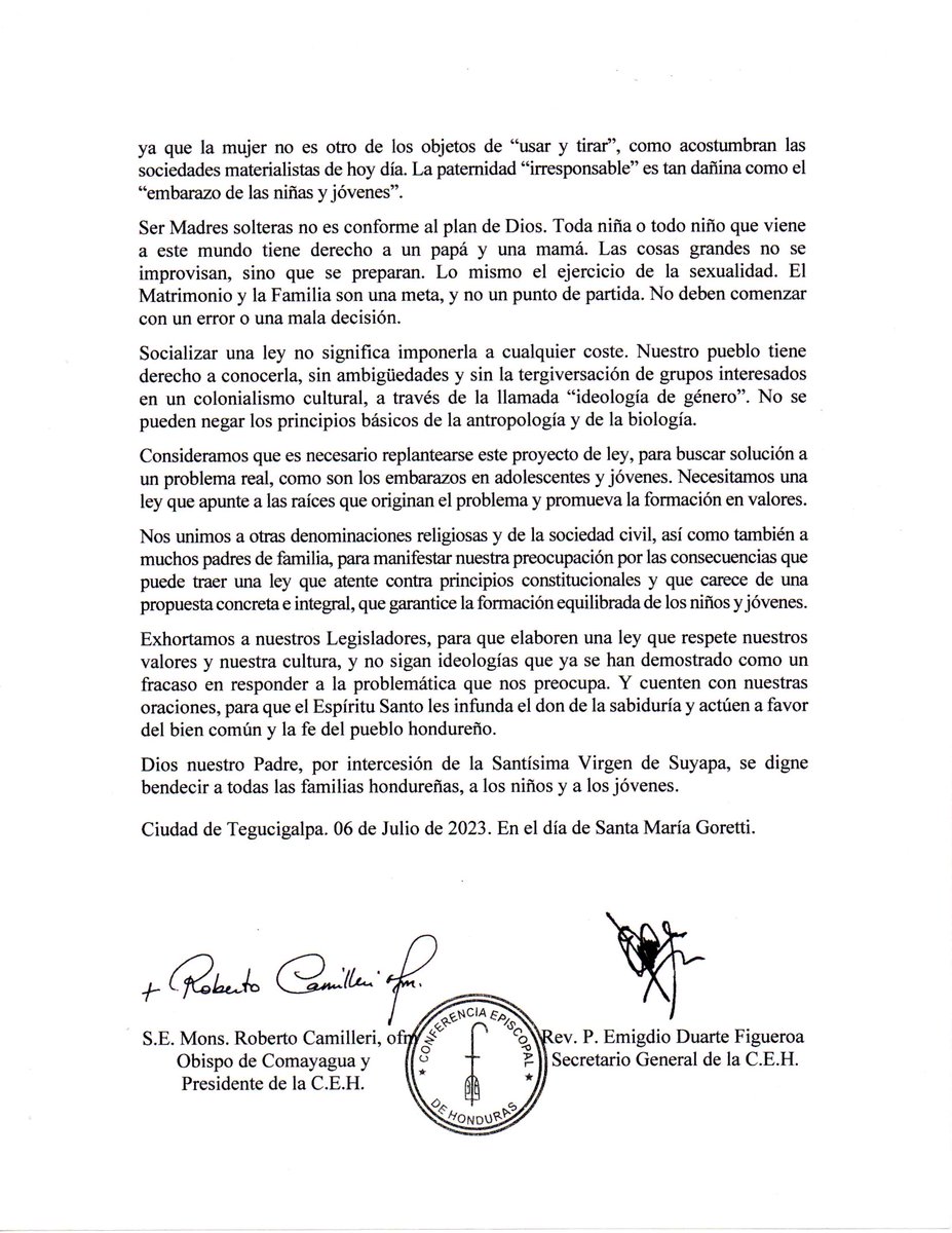 Importante Mensaje de la Conferencia Episcopal de Honduras. 

"Estamos llamados a cuidar y proteger a la familia, como garante de valores y principios éticos, morales y cristianos."