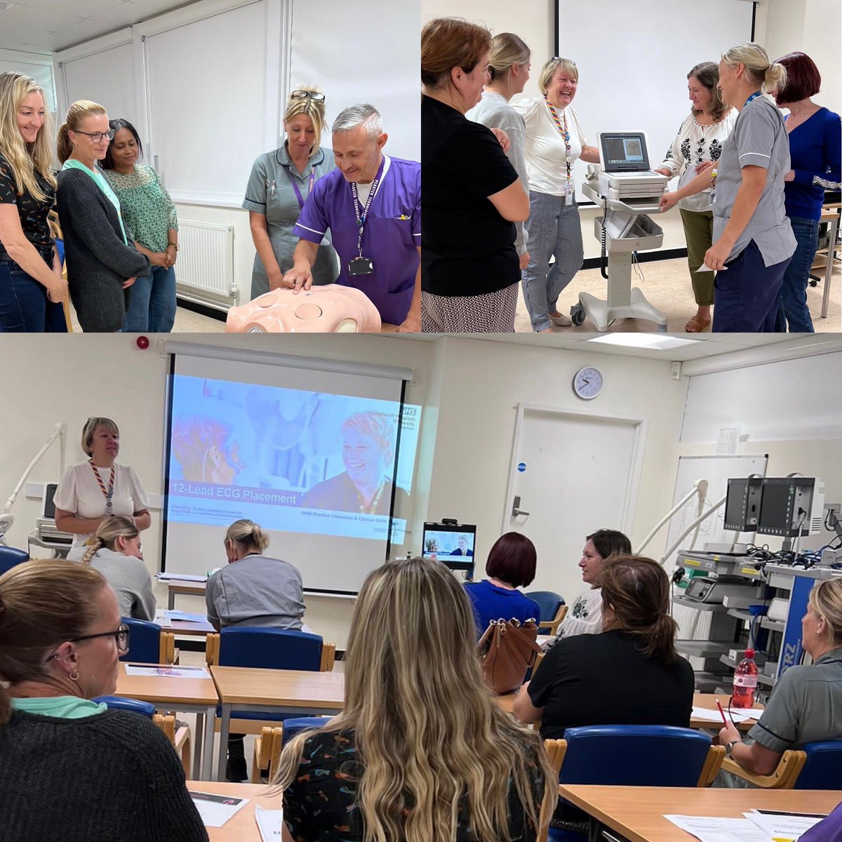 CClinskills's tweet photo. Sharon Thompson delivering ECG training for HCSW’s. Practical, hands on approach for lead placement and learning how to use the new Phillips TC50 machine 😊 All sessions bookable on ESR or contact Clinical Skills #workingtogether #oneteam #trainingforall @PHUEducation https://t.co/WNuozu41k9