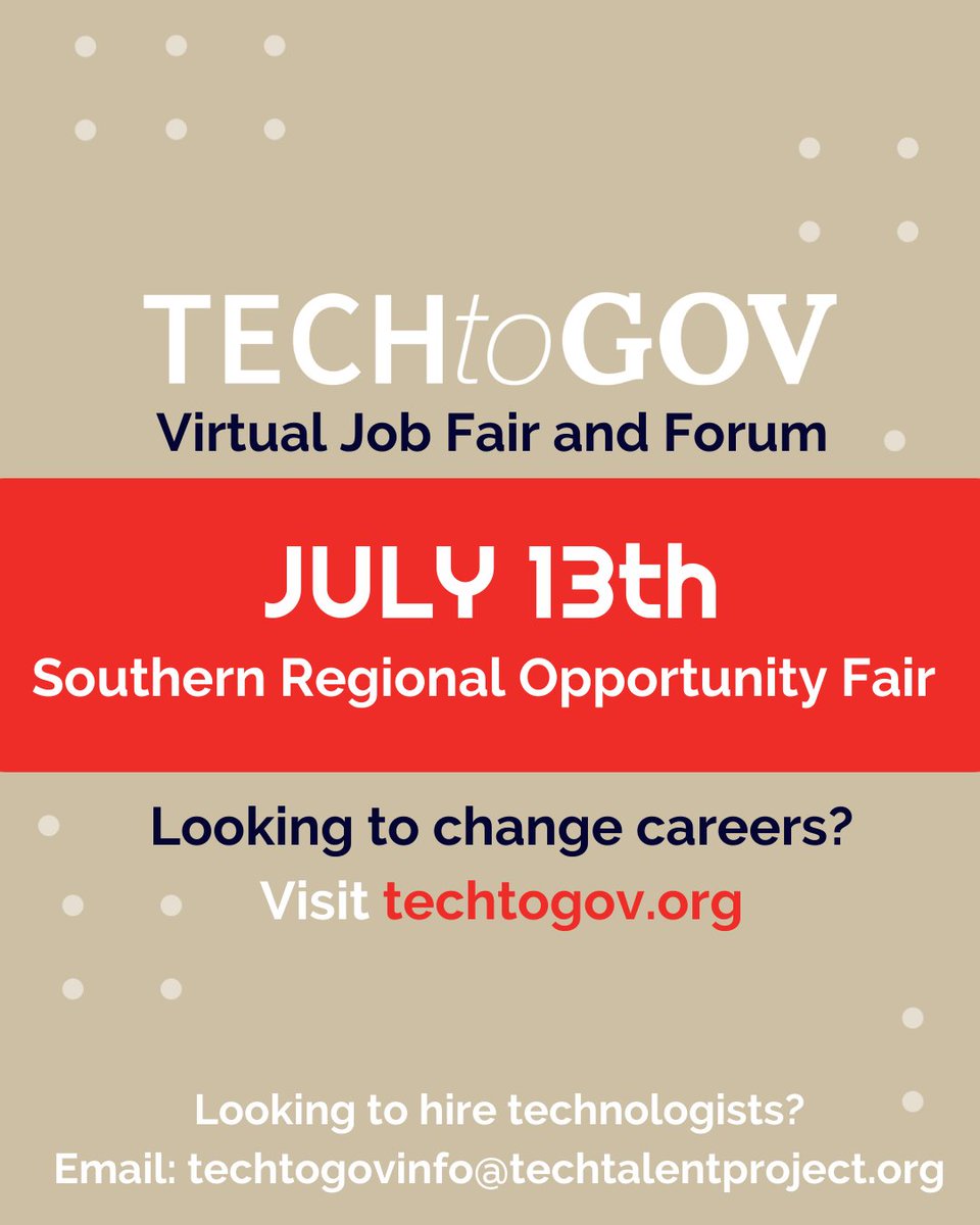 TechToGov's tweet image. Mark your calendars! 📅Join us for the Southern Regional #TechtoGov Virtual
Forum + Job Fair on Thursday, July 13, 2023. Explore exciting opportunities to make a meaningful impact in #government. Secure your spot now: bit.ly/3qbKqqL