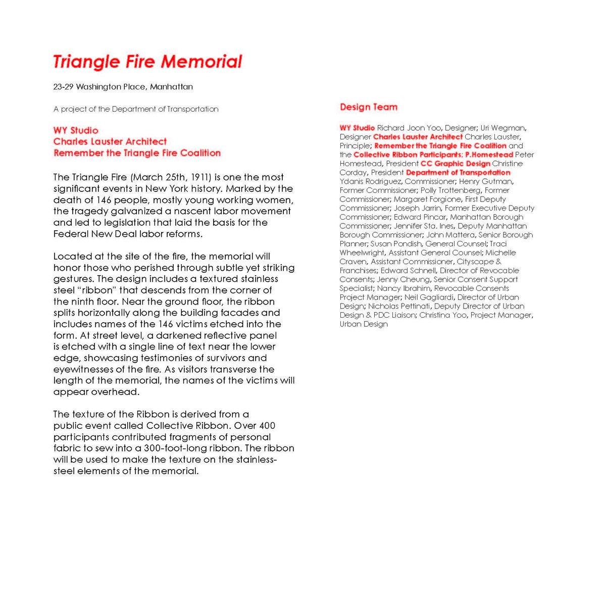 nycpublicdesign's tweet photo. Congratulations to 40th Annual Awards for Excellence in Design winner, Triangle Fire Memorial (23-29 Washington Place, Manhattan), a project of @NYC_DOT designed by WY Studio, Charles Lauster Architect (@clauster233), and Remember the Triangle Fire Coalition (@trianglefire)! https://t.co/V1KFHR04Om