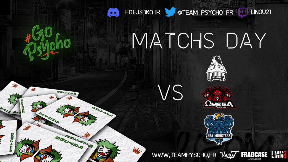 TEAM_PSYCHO_FR's tweet photo. #MatchsDay | #ClashRoyale 

🏆| @SoberbiosLeague 
🆚| @DemonsOfLightGG 
⚔️| Day 5
⏰| 21H🇫🇷-1PM🇲🇽

🏆| Beppeeeable
🆚| @Omega_eSportsCR 
⚔️| Day 4
⏰| 22H🇫🇷-2PM🇲🇽

🏆| @Marus_CR 
🆚| @SeaM_eSports 
⚔️| Day 6
⏰| 22H🇫🇷-2PM🇲🇽

Good Luck All🍀

#GoPsycho🃏 https://t.co/inPoa5DNFI