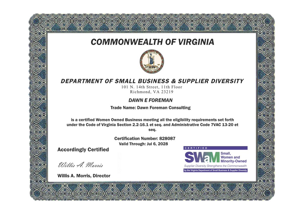 dawn_feltman's tweet photo. Got my SWaM certification today! Certified in VA as a woman-owned business. #ProfessionalDevelopment #leadershipcoaching #scienceoflearninganddevelopment #educationalconsulting https://t.co/ZTIopltG4y