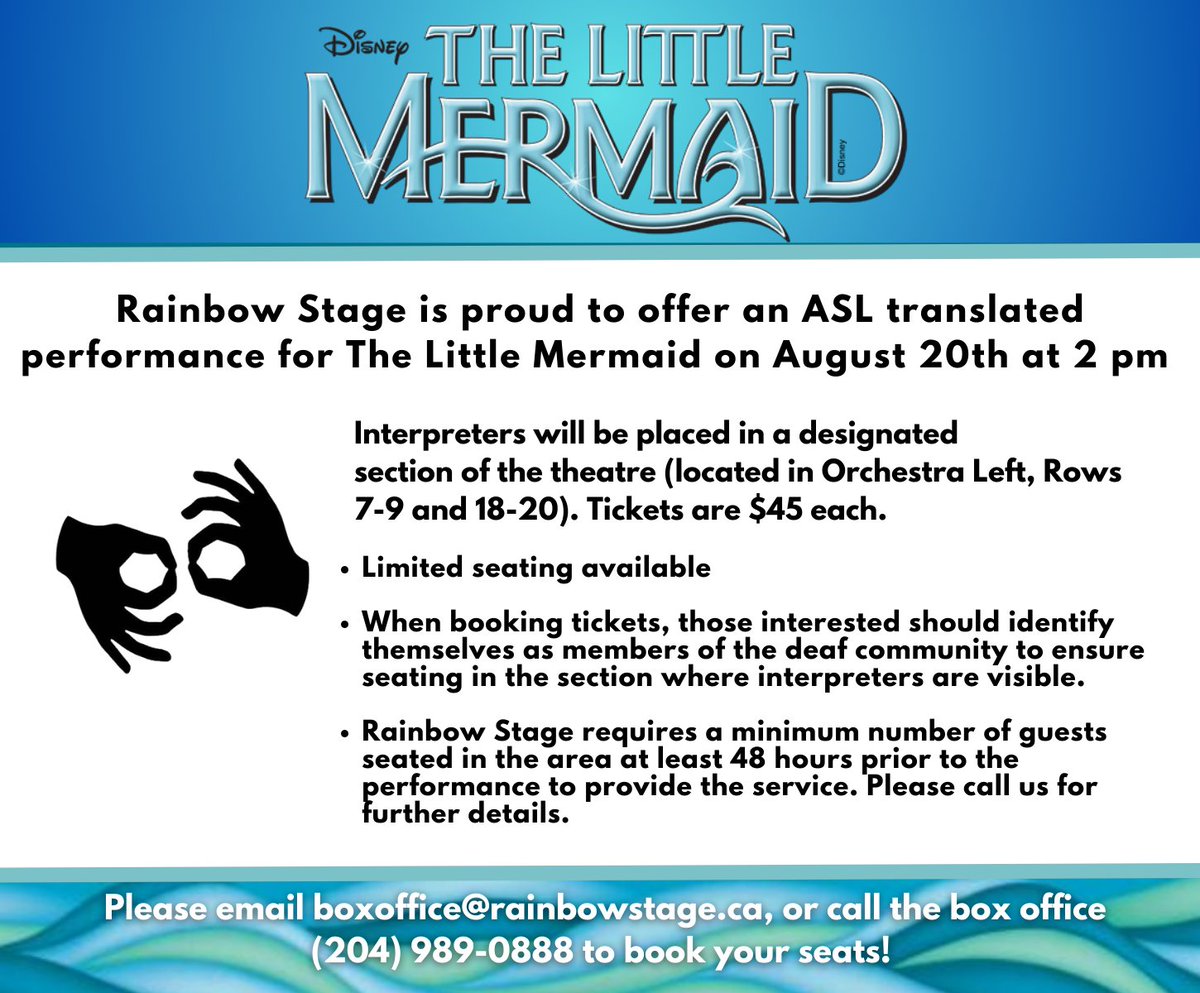 Rainbow Stage will proudly be offering an ASL translated performance of The Little Mermaid on August 20th @ 2pm! Please contact our box office for ticket inquiries, or visit the link in our bio for more information!