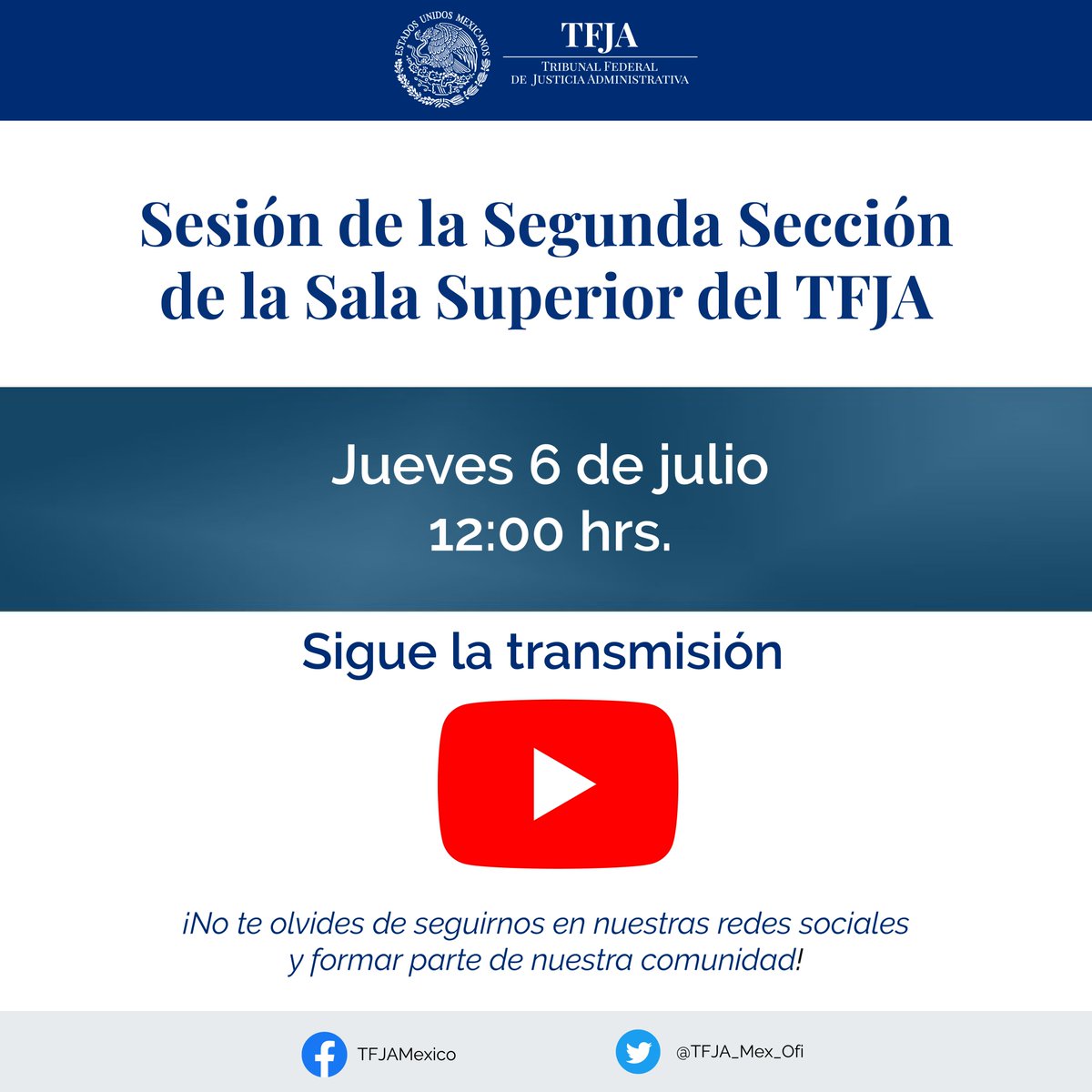 TFJAMexico's tweet photo. ⏰¡Qué no se te pase!
🔔Te recordamos seguir hoy la transmisión de la Sesión de la Segunda Sección de la Sala Superior del TFJA en punto de las 12:00 hrs.
💻https://t.co/mU2mAgh0T5 https://t.co/9mSL3KxnuB