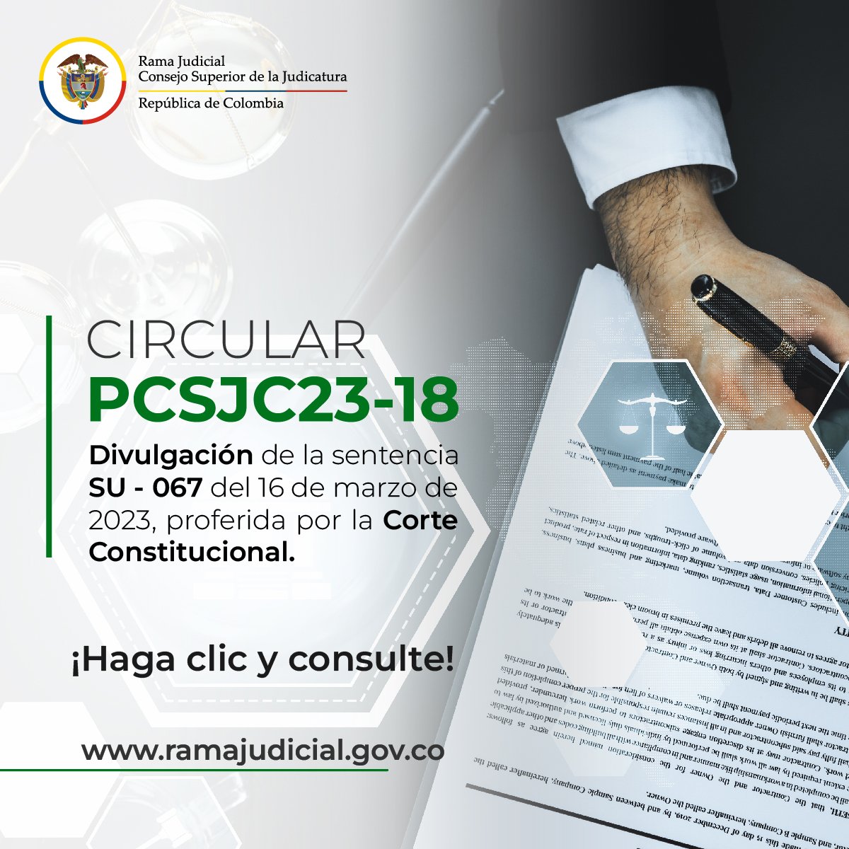 judicaturacsj's tweet photo. #CircularCSJ | El @judicaturacsj invita a funcionarios y empleados de #RamaJudicial y, a la ciudadanía en general, a consultar la sentencia SU-067 del 16 de marzo de 2023 proferida por @CConstitucional.

Circular 👉🏼 https://t.co/tYrs0LD2tl
Sentencia 👉🏼 https://t.co/I4tRzY2V57 https://t.co/kvCdsI1HYR