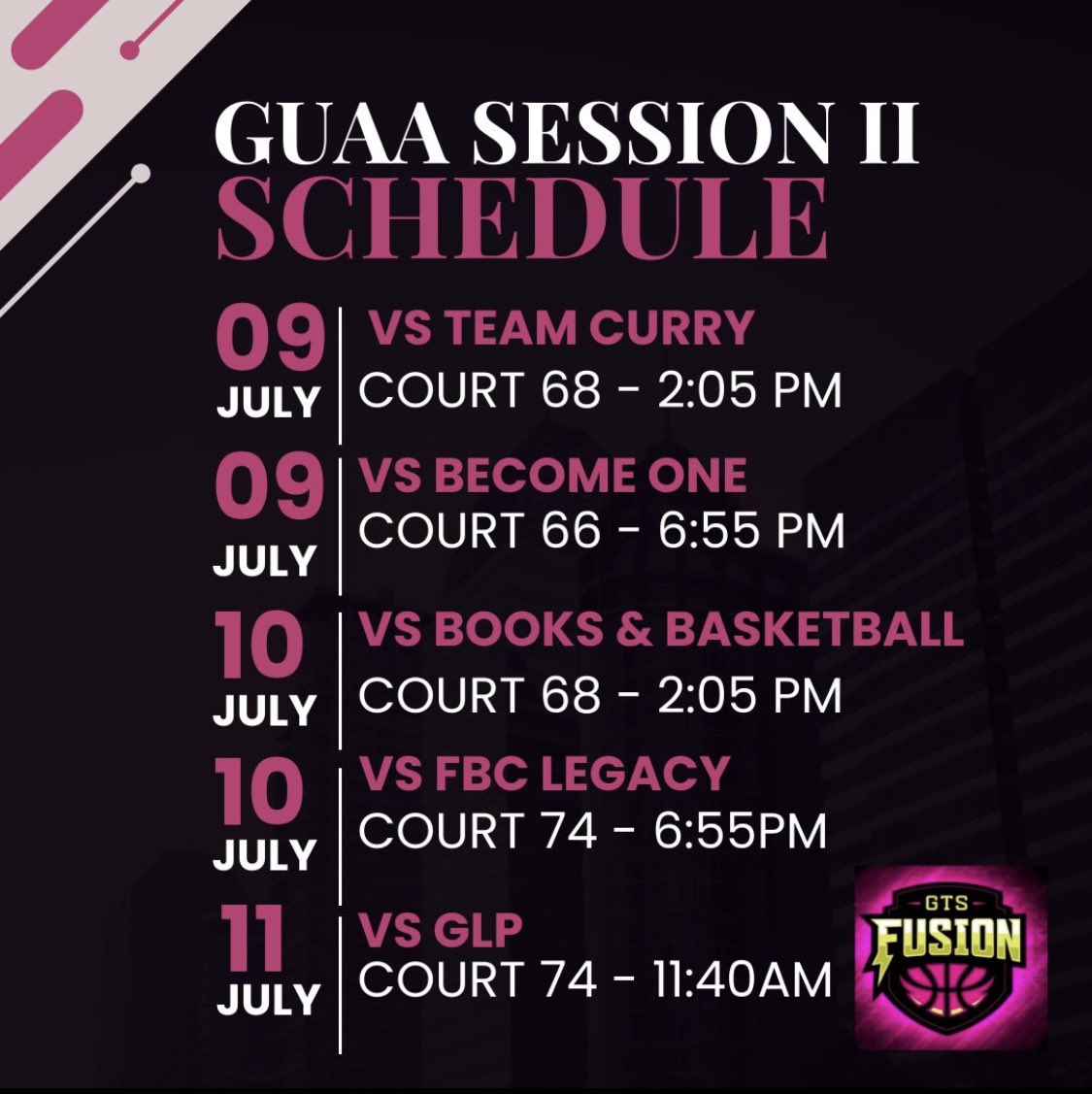 So excited to be playing at <a href="/TFNsRun4Roses/">TFN's Run 4 Roses</a> and Session II of the <a href="/UANextGHoops/">Girls UAA</a> from July 6-11 in Kentucky! Schedule down below! <a href="/GTS_Fusion/">GTS Fusion Basketball</a> #getFused