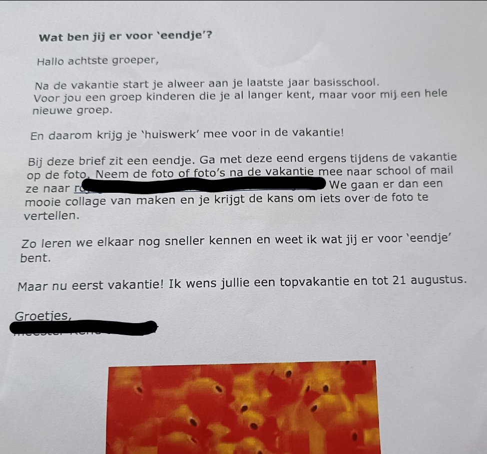 Mijn zoon ging vandaag "wennen" in groep 8 en kreeg van zijn toekomstige meester een rubber badeendje en een brief mee.

Geniaal. 

Wát ontzettend eerlijk, open en empathisch en wat een fantastisch idee.

Ik nomineer deze man nu al als leerkracht van het jaar. ❤️