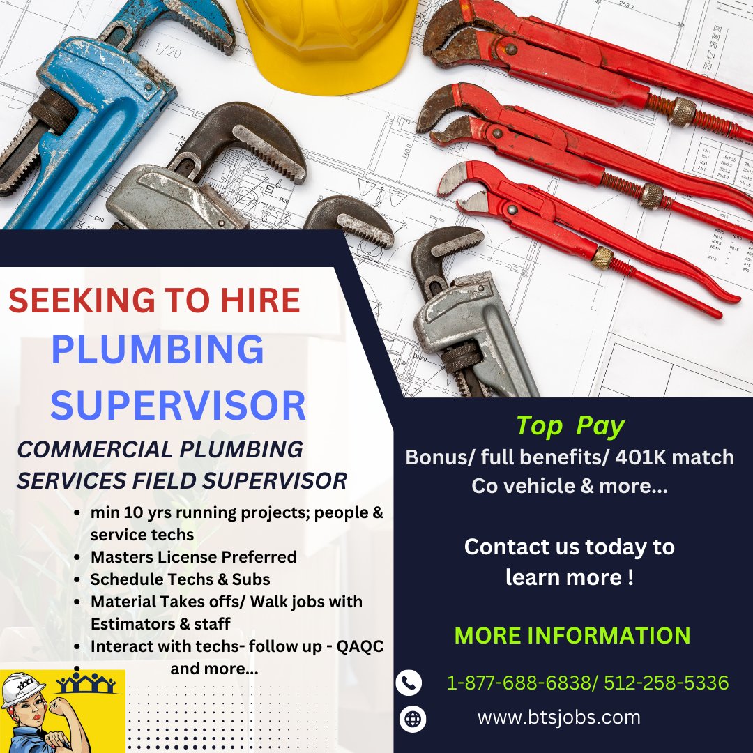 Plumbing Manager - $87-92K + plus/  yr    Plus relo or sign on bonus of  $ 5-7K  ( doe)  .   Preferred #MASTERPLUMBER with min of 7-10 Yrs in a #plumbingmanager #leadership role  and min 5 yrs #plumbingSERVICE #commercialSERVICE exp . 

#hiringplulmbingsupervisor #plumbingJOBS