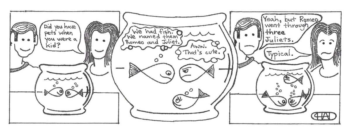 TheShortCourse's tweet image. Throwback Thursday’s old comic: Another installment from my first attempt at a strip twenty years ago, BLACK COMEDY. Let’s call this one “Three Juliets.” “#comics