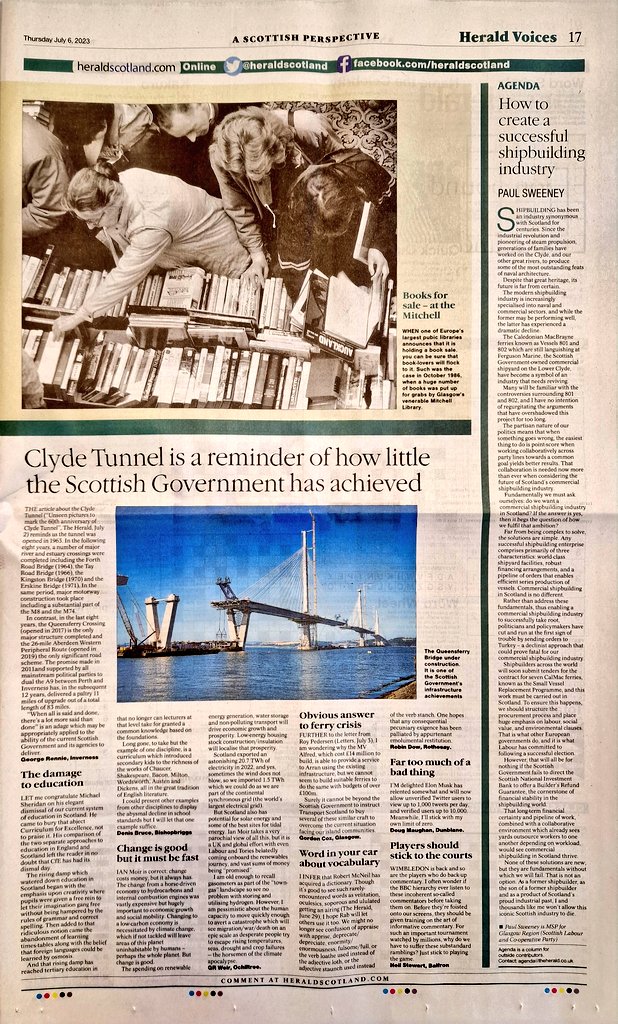 PaulJSweeney's tweet photo. I have written a column in today's @heraldscotland that outlines the lessons we must learn from the ferries saga and what the missing anchor points are for a thriving commercial shipbuilding industry. We have so much potential. But we need to pull everyone together to achieve it. https://t.co/lnR9h9aZXW