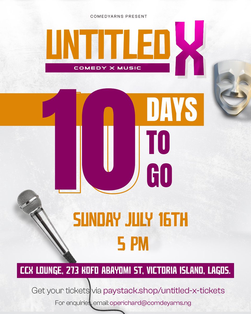 Untitled_cbns's tweet photo. 10 days to go guys!!
UntitledX - July 16th, Lagos Nigeria.
Comedy and Music by The New School
-
Get your tickets via the link in our bio
See you soon!!
#UntitledX #UntitledLagos #UntitledCBNS https://t.co/mfArLnzaEt