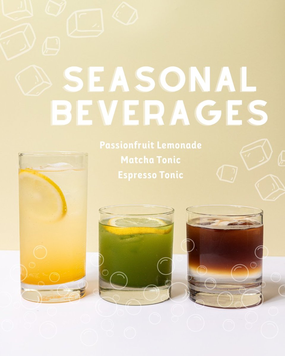 Bubbles and ice and everything nice! 🫧🧊⁠ We've got 3 NEW Seasonal Beverages in store to keep y'all cool this summer! ⁠
⁠
🟡 Passionfruit Lemonade
🟢 Matcha Tonic
🟤 Espresso Tonic
⁠
Cheers to the flavours of summer at Cartems Donuts!