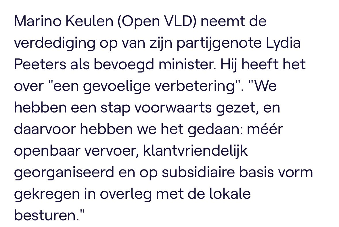 Collega @KeulenMarino, we zijn al bijna 10 jaar aan het palaveren over basisbereikbaarheid. Resultaat: minder reizigers dan ooit, minder tevredenheid dan ooit en minder inkomsten dan ooit voor De Lijn. Faut le faire!”