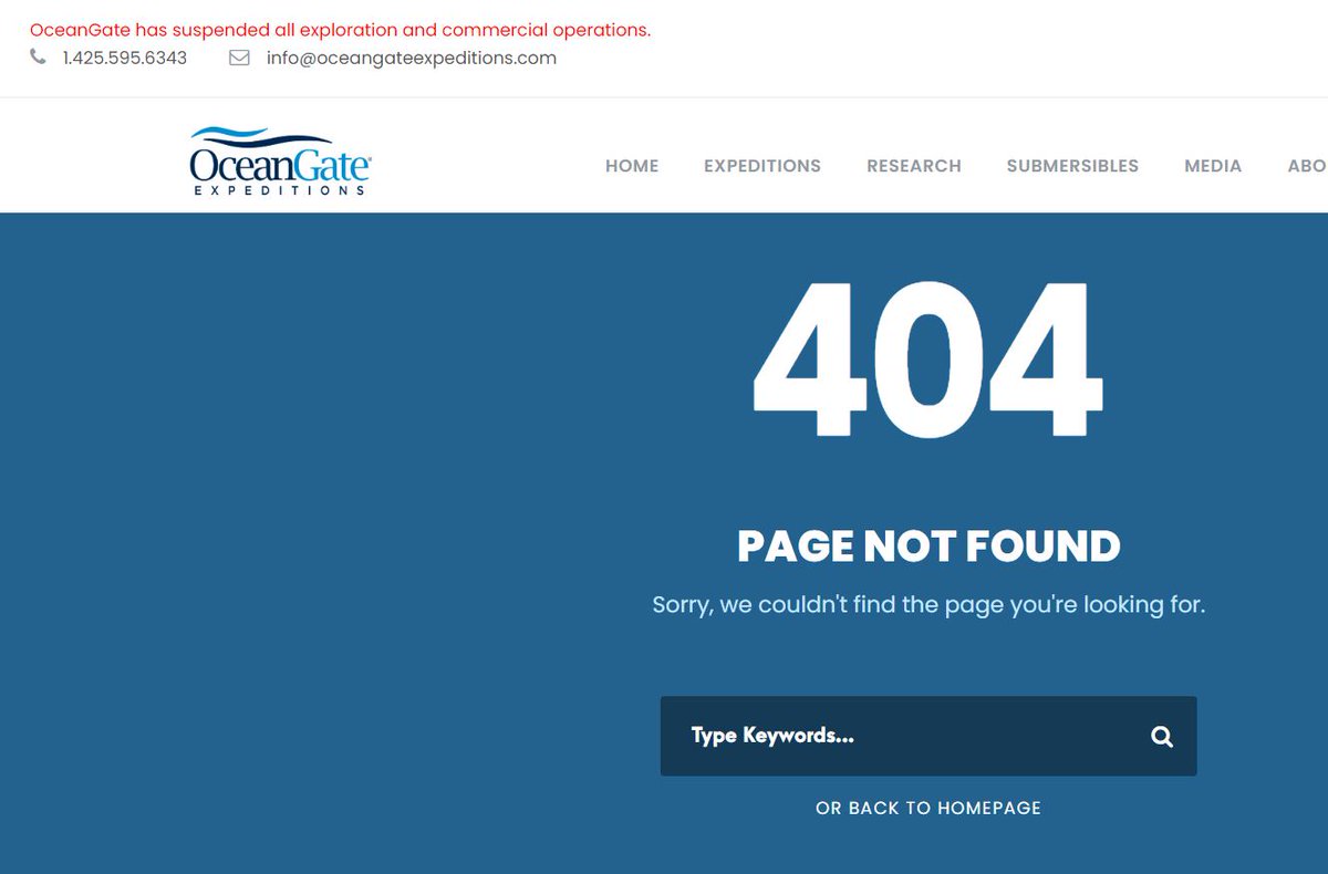 "OceanGate has suspended all exploration and commercial operations."
Notice is now on the top of their website.