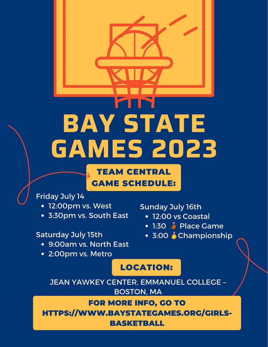 The <a href="/BayStateGames/">Bay State Games</a> Girls Basketball Showcase sponsored by <a href="/DICKS/">DICK'S Sporting Goods</a> kicks off Friday July 14 <a href="/EmmanuelWBB/">Emmanuel College Women’s Basketball</a>! They divided the state into six regions who will all come together to battle it out! <a href="/HerHoopsNetwork/">Her Hoops Network</a> 

Team Central Weekend Schedule:
