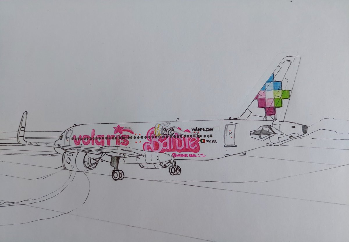 AircraftBy's tweet image. My drawing of @flyvolaris @viajaVolaris Airbus A320neo painted in the special livery &quot;Barbie&quot; 🎀🇲🇽 
148x210mm.
You can see the progress in 4 photos.
#Volaris #VolarisAirlines #FlyVolaris #ViajaVolaris #Mexico #LaVozAviacion #drawing #aviation #Airbus #NewEngineOption #A320Neo