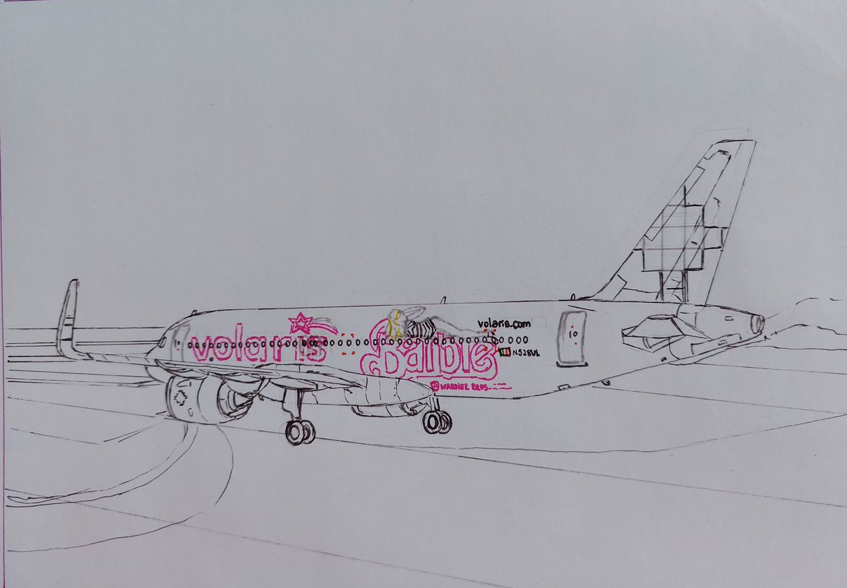 AircraftBy's tweet image. My drawing of @flyvolaris @viajaVolaris Airbus A320neo painted in the special livery &quot;Barbie&quot; 🎀🇲🇽 
148x210mm.
You can see the progress in 4 photos.
#Volaris #VolarisAirlines #FlyVolaris #ViajaVolaris #Mexico #LaVozAviacion #drawing #aviation #Airbus #NewEngineOption #A320Neo