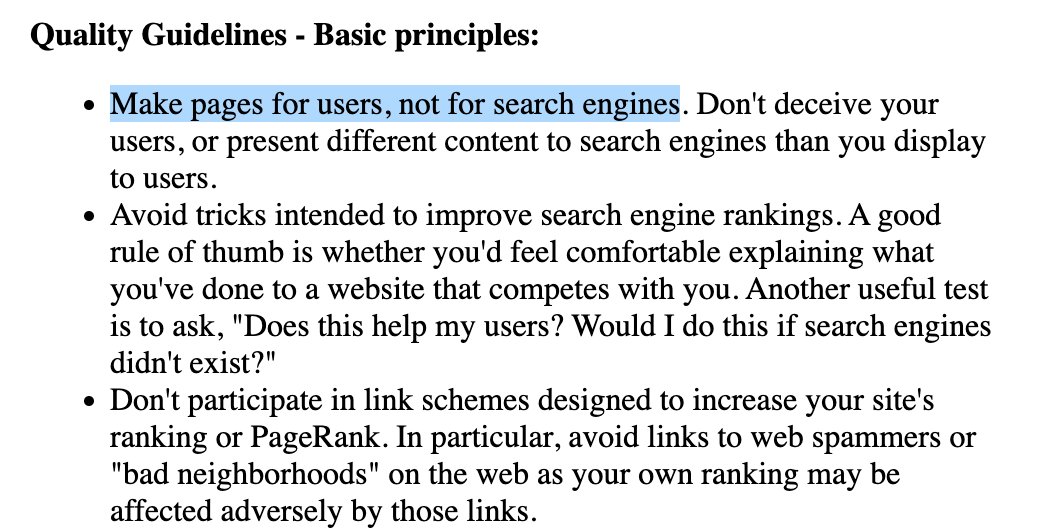 searchliaison's tweet photo. "Make pages for users, not for search engines." -- Google, 2002

Our good advice then remains the same over two decades later. To succeed in Google Search, focus on people-first content.

https://t.co/NaRQqb1SQx https://t.co/bibv53icz9