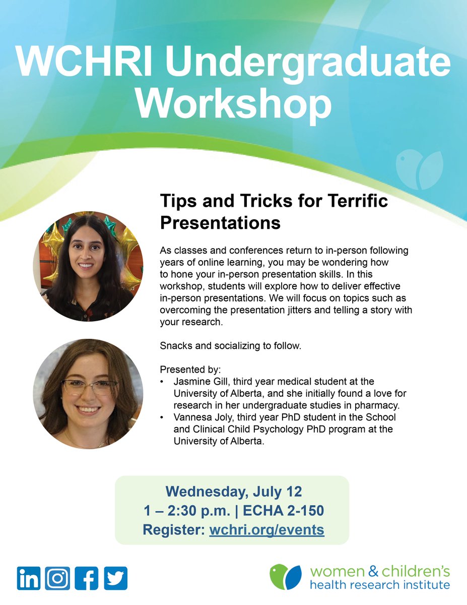 As classes and conferences return to in-person following years of online learning, you may be wondering how to hone your in-person presentation skills. Join us for a WCHRI Undergraduate Workshop: Tips and tricks for terrific presentations.

Register: wchri.org/events/calenda…