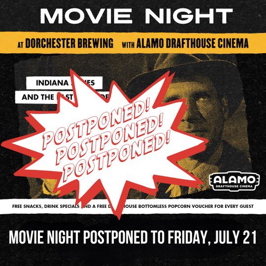 We’re sorry and sad to say that Friday’s movie night has been POSTPONED.

It is rescheduled to the same time on Friday, July 21 - if you had a ticket to attend the event, keep an eye on your email inbox to re-reserve your spot before any tickets become publicly available.