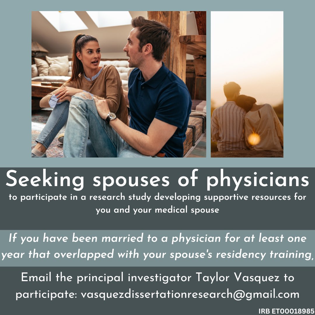 taylorsvasquez's tweet image. 🚨Recruiting Spouses of Physicians🚨to understand marital challenges encountered during post-grad training and what communication strategies they used to manage stress. DM me to participate in an interview #MedTwitter #MedEd #HealthComm #AcademicTwitter