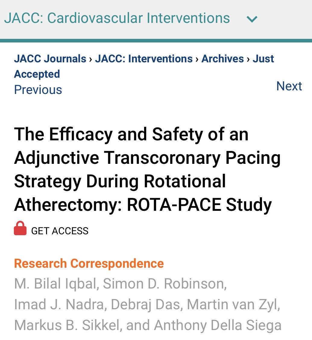 Delighted to share our ROTA-PACE study published in JACC Int. Pacing is rare these days during atherectomy, but you can never say never! If needed, the ROTA-PACE technique is a safe and effective strategy without transvenous access. ⁦@JACCJournals⁩ #JACCINT #cardiotwitter