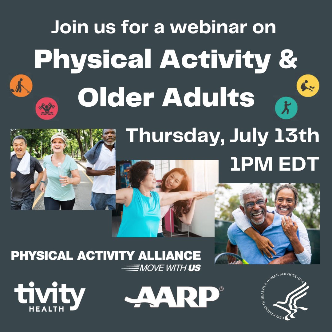 Physical Activity Alliance (@paamovewithus) on Twitter photo NEXT WEEK: #MoveWithUS for a webinar on the <a href="/HHSGov/">HHS.gov</a> #PhysicalActivity Guidelines for Americans Midcourse Report on Older Adults!
Featuring speakers from <a href="/HHSPrevention/">ODPHP</a>, <a href="/TivityHealth/">Tivity Health</a>, and <a href="/AARP/">AARP</a> (<a href="/AARPLivable/">AARP Livable Communities</a>), it will be an even you WON'T want to miss heart.zoom.us/webinar/regist… NEXT WEEK: #MoveWithUS for a webinar on the <a href="/HHSGov/">HHS.gov</a> #PhysicalActivity Guidelines for Americans Midcourse Report on Older Adults!
Featuring speakers from <a href="/HHSPrevention/">ODPHP</a>, <a href="/TivityHealth/">Tivity Health</a>, and <a href="/AARP/">AARP</a> (<a href="/AARPLivable/">AARP Livable Communities</a>), it will be an even you WON'T want to miss heart.zoom.us/webinar/regist…
