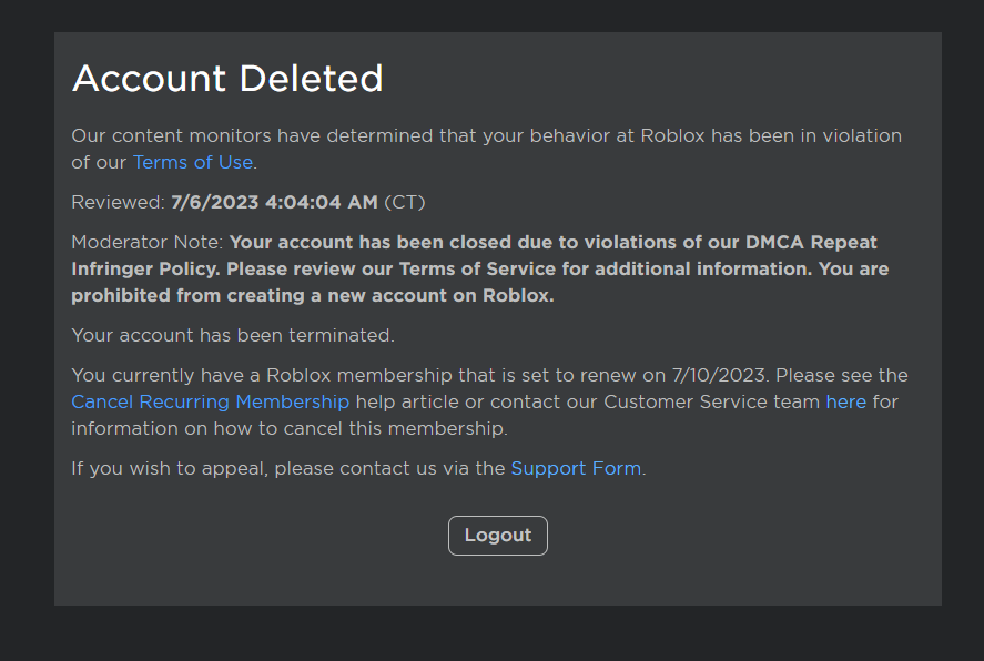 TinyGecko920's tweet image. Banned for an image of the Mocking Spongebob Meme uploaded years ago (again, but this time my account is deleted).
I contacted support already but if that fails then I lost a ton of Robux and games I worked hard on over the years.
@Roblox #Roblox #RobloxDev #RobloxModeration