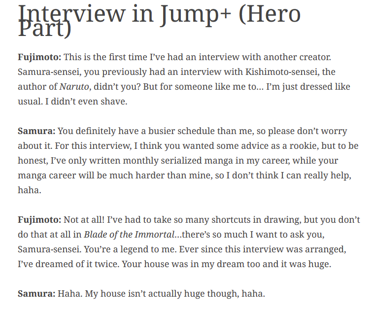 XKattaDraws's tweet photo. Putting Kishimotos and Fujimotos Interview with Samura side by side is somehow a really wholesome experience

I love that most Mangaka are like this. It's a real bless to read these interviews as an aspiring artist. https://t.co/9SESxPb790