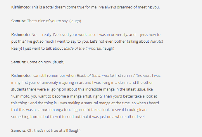 XKattaDraws's tweet photo. Putting Kishimotos and Fujimotos Interview with Samura side by side is somehow a really wholesome experience

I love that most Mangaka are like this. It's a real bless to read these interviews as an aspiring artist. https://t.co/9SESxPb790