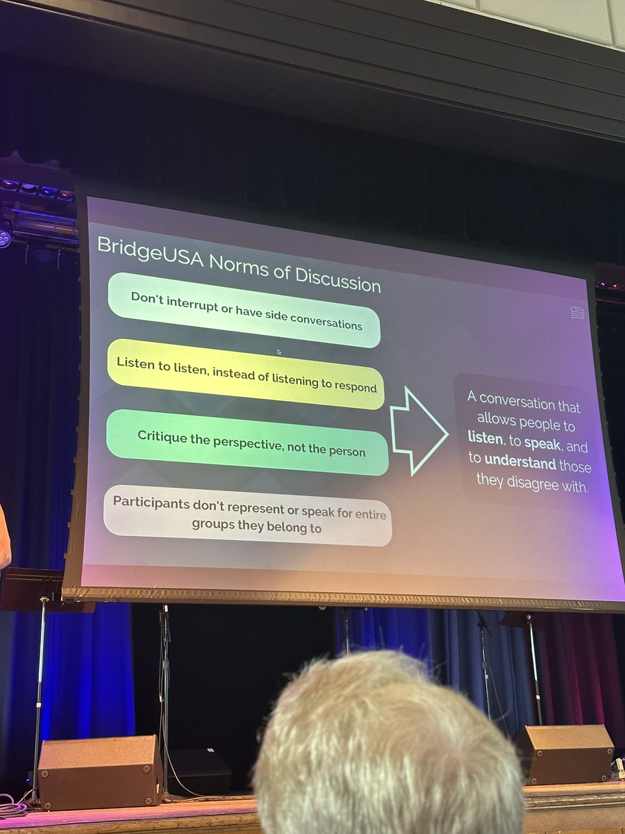 At the @BraverAngels convention in Gettysburg, listening to the “norms of discussion” in use by <a href="/BridgeUSA_/">BridgeUSA</a> to discuss politics in college. Great set of principles for productive discussion, and certainly applicable beyond politics.