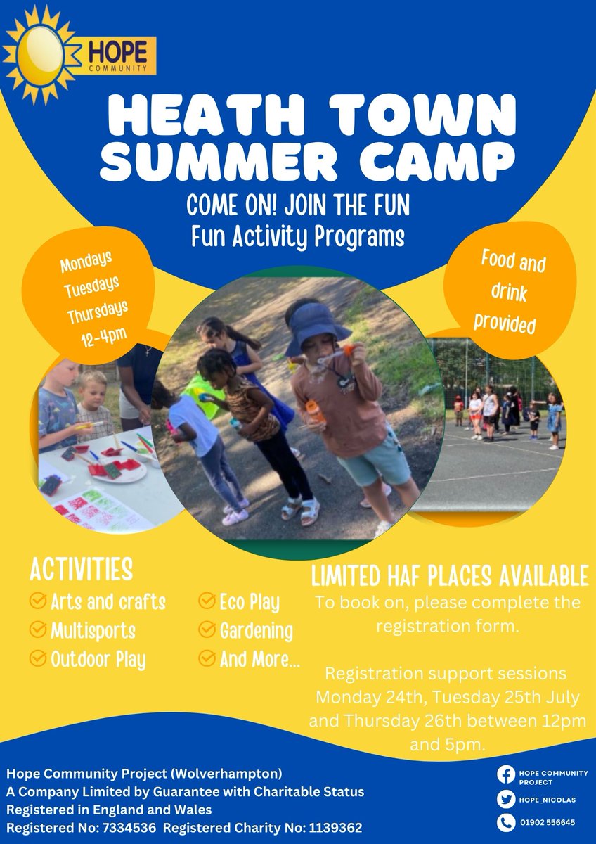 Hope Community Heath Town (@hope_nicolas) on Twitter photo Get ready for some fun in the sun at Heath Town Summer Camp. To book your child's place please complete the registration form surveyking.com/w/HopeSummer Get ready for some fun in the sun at Heath Town Summer Camp. To book your child's place please complete the registration form surveyking.com/w/HopeSummer