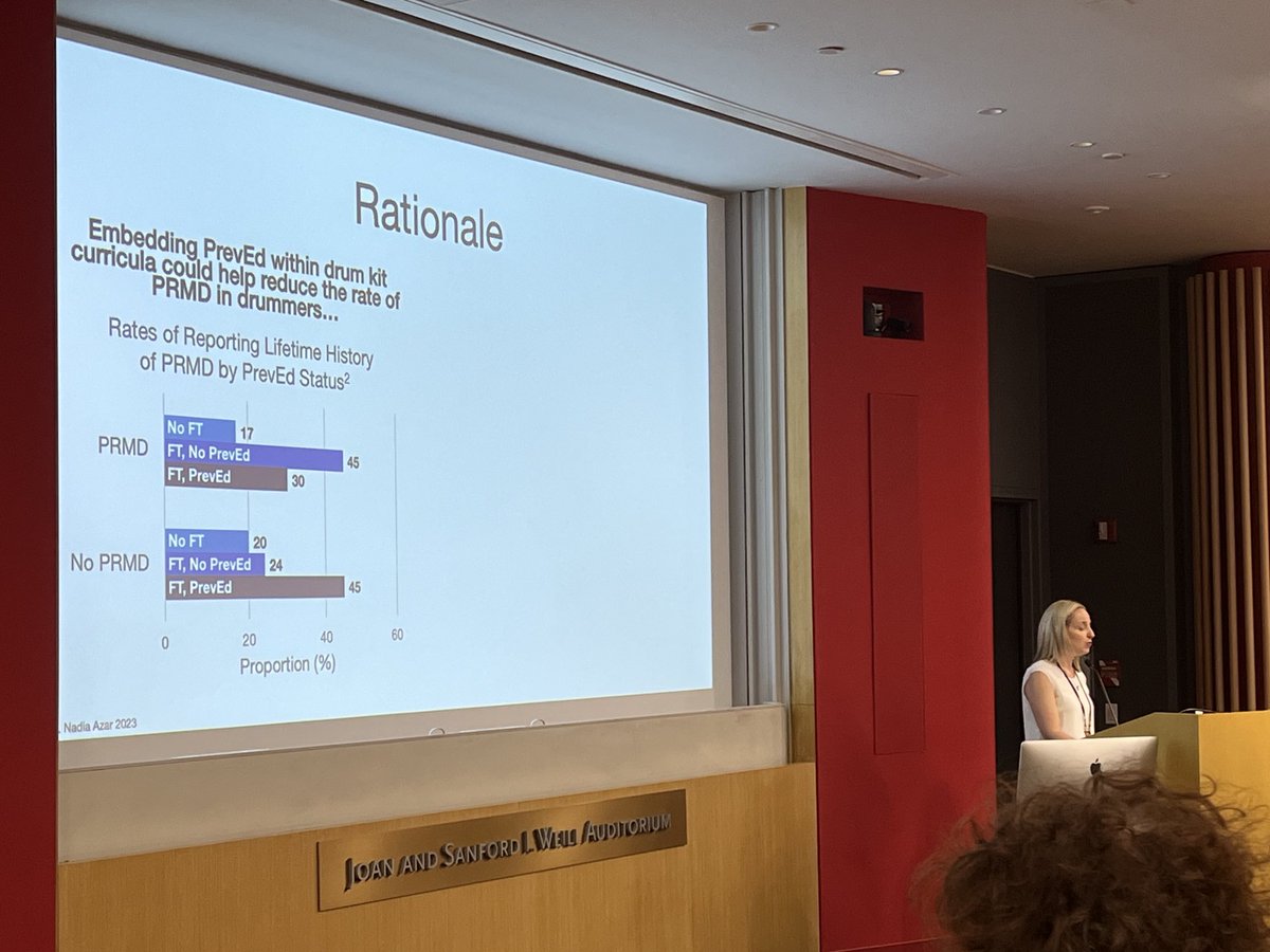 Watching ⁦rockstar <a href="/DrNadiaAzar/">Nadia Azar, PhD</a>⁩ ⁦<a href="/DRUMMERLaboffi1/">DRUMMERLab.official</a>, who does research with rock stars!⁩ 🤩 Their research has found that education on preventing injuries decreased playing-related MSDs in drummers. #PAMA2023