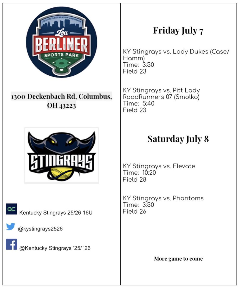 Come see my team at the Buckeye Recruit Fest in Columbus this weekend! <a href="/kystingrays2526/">Kentucky Stingray's ’25/’26</a> <a href="/ONUSoftball/">ONU Softball</a> <a href="/CoachJLPrice/">Jackie Price</a> <a href="/TiffinUSoftball/">Tiffin University Softball</a> <a href="/Paige_McMenemy/">Paige McMenemy</a> <a href="/FlyerSoftball/">Dayton Softball</a>