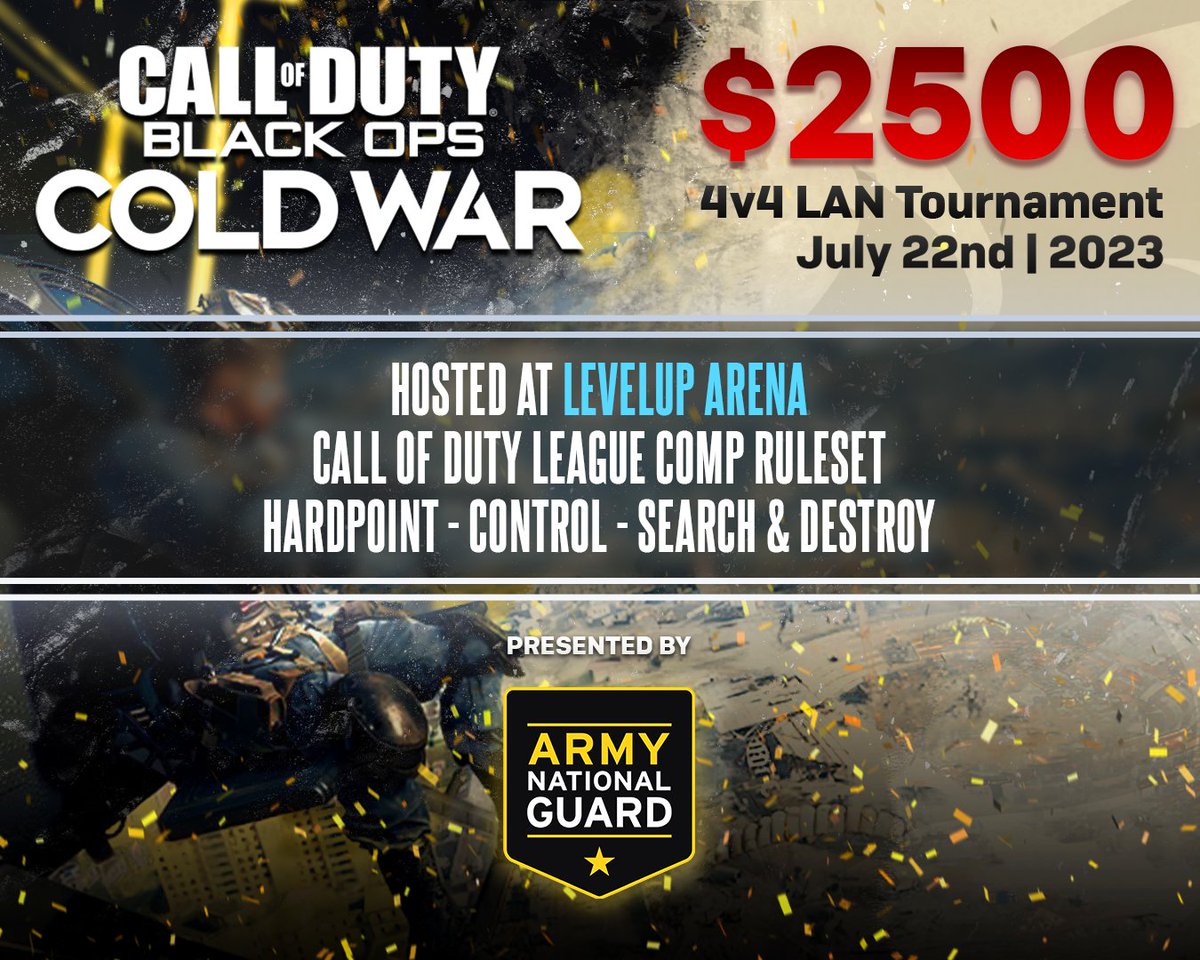 Now presenting the $2,500 Call of Duty Cold War 4v4 LAN presented by the <a href="/NationalGuard/">National Guard</a>💥

Grab your squad and get ready for the next in-person competition in Kansas City🎮

📅: July 22nd

📍: @leveluparenagg 

🎟️: FREE ADMISSION

Registration Below! ⬇️