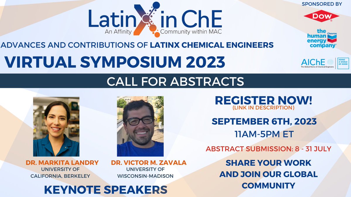 Highlighting sponsors for our 2023 Virtual Symposium on Sept/6/2023: Thanks to @ChEnected and donors, and our industrial partners @DowNewsroom & @Chevron. ‼️Register now here bit.ly/3qZl1Ry to attend. Stay tuned for abstract submission details next week‼️