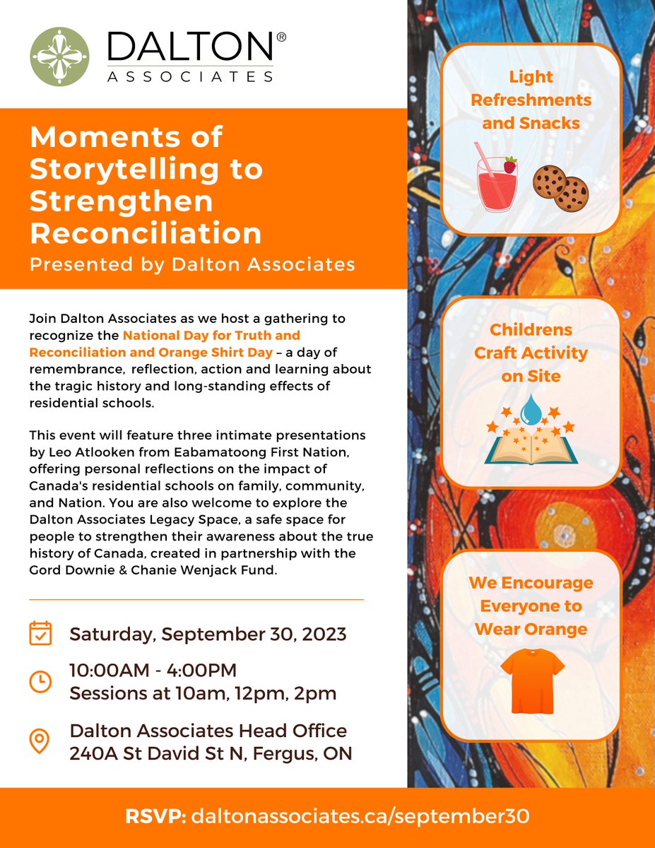 Join us in @CentrWellington as we host a gathering to recognize the National Day for Truth and Reconciliation and Orange Shirt Day. This event will feature 3 intimate presentations by Leo Atlooken from Eabamatoong First Nation. @CultureDays Learn More: culturedays.ca/en/events/1128…