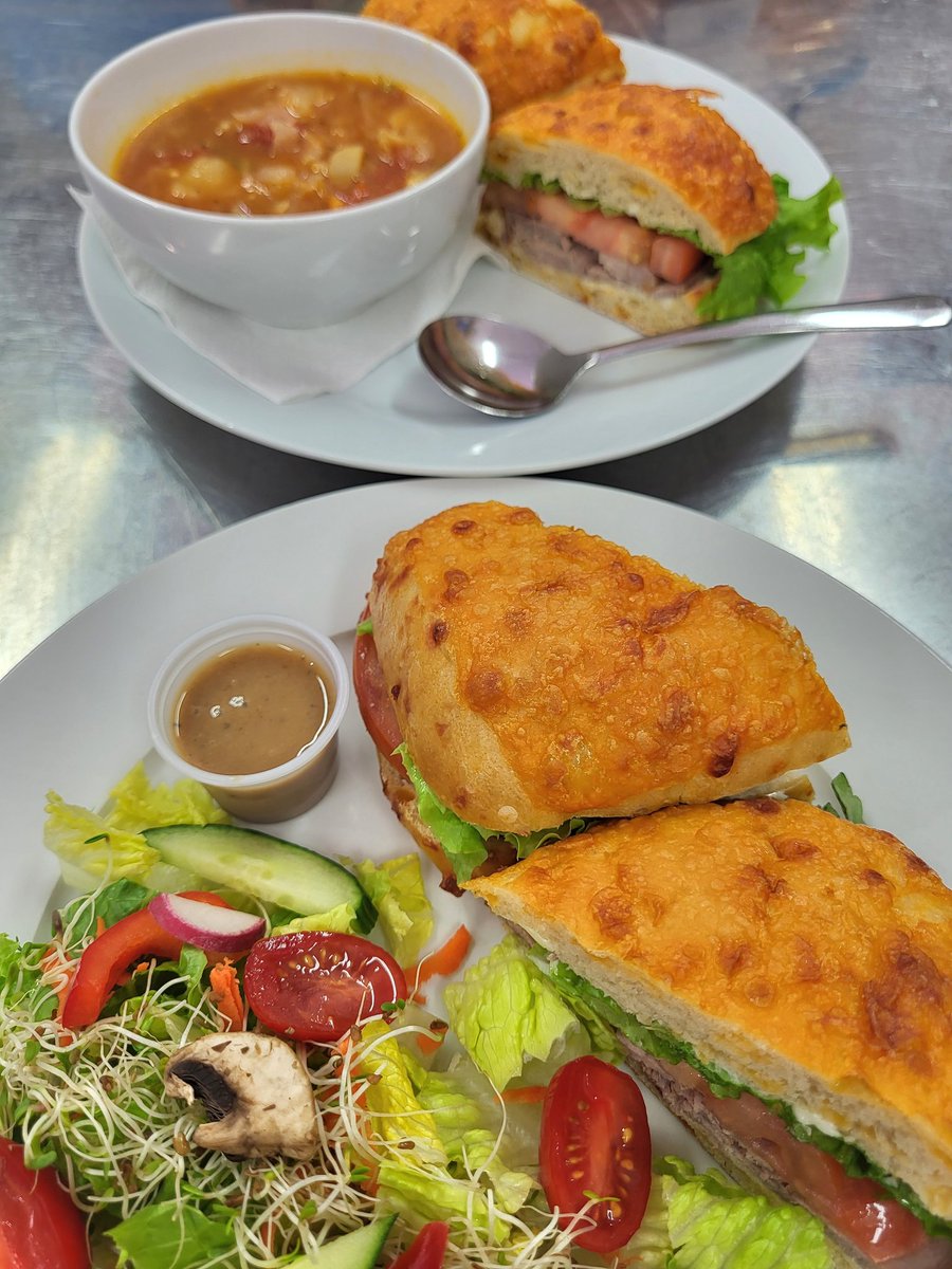 #lunchfeature #Thursday Roast Beef on a Cheese Bun w/Soup or Salad. Cabbage Potato or Sausage Lasagna Soup w/Bun. #medhat