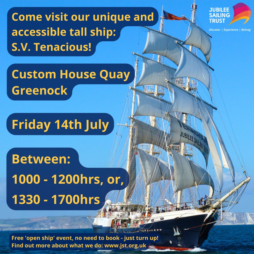 JubileeSailing's tweet photo. Next stop: #Greenock! Come see us on Friday 14th July at our free 'open ship' event and learn about what we do and how you too can join us. #Inclusive #Accessible #TallShip #SailTraining #JoinTheAdventure https://t.co/pvSA2oQ5cP
