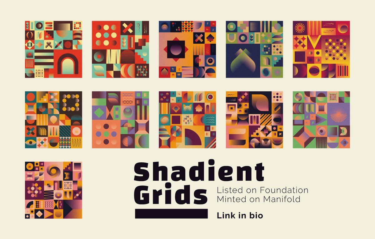 These are the last 11 available Shadient Grids 👇

There are 50 in total, all handmade. Over 100 different tiles, 10 colorpalettes, 5 differen gridsizes. 

All with a reserve of 0.05 eth.
Link below and in bio!