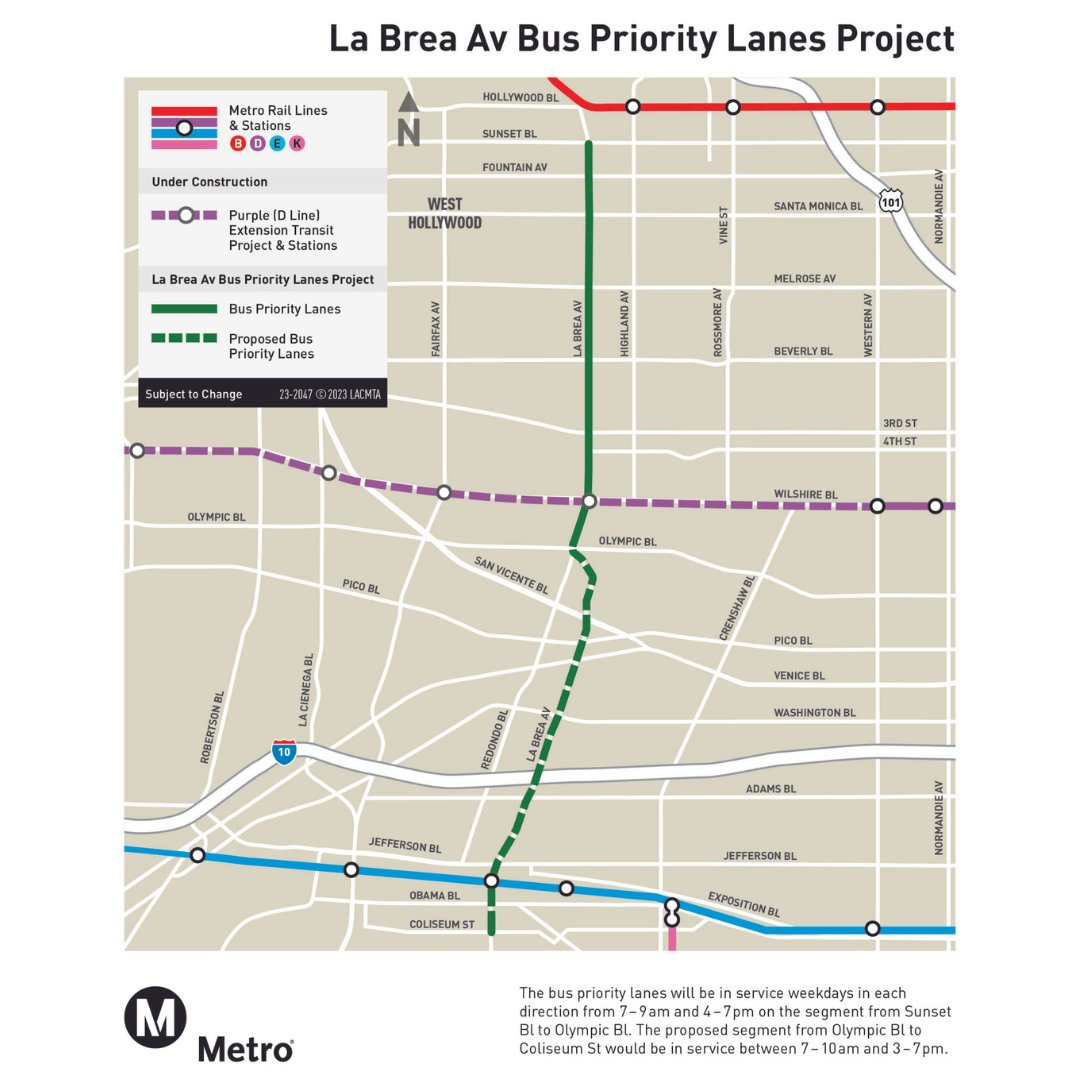 WeHoCity's tweet photo. Heads up, WeHo! Metro has a planned installation of new bus priority lanes along N. La Brea Avenue in WeHo and LA.

Construction is expected to occur Mon through Fri between 9 AM and 3:30 PM and is anticipated to last four and six weeks.

Learn more: https://t.co/1lMHsuNflA https://t.co/P1g1pRSt8B