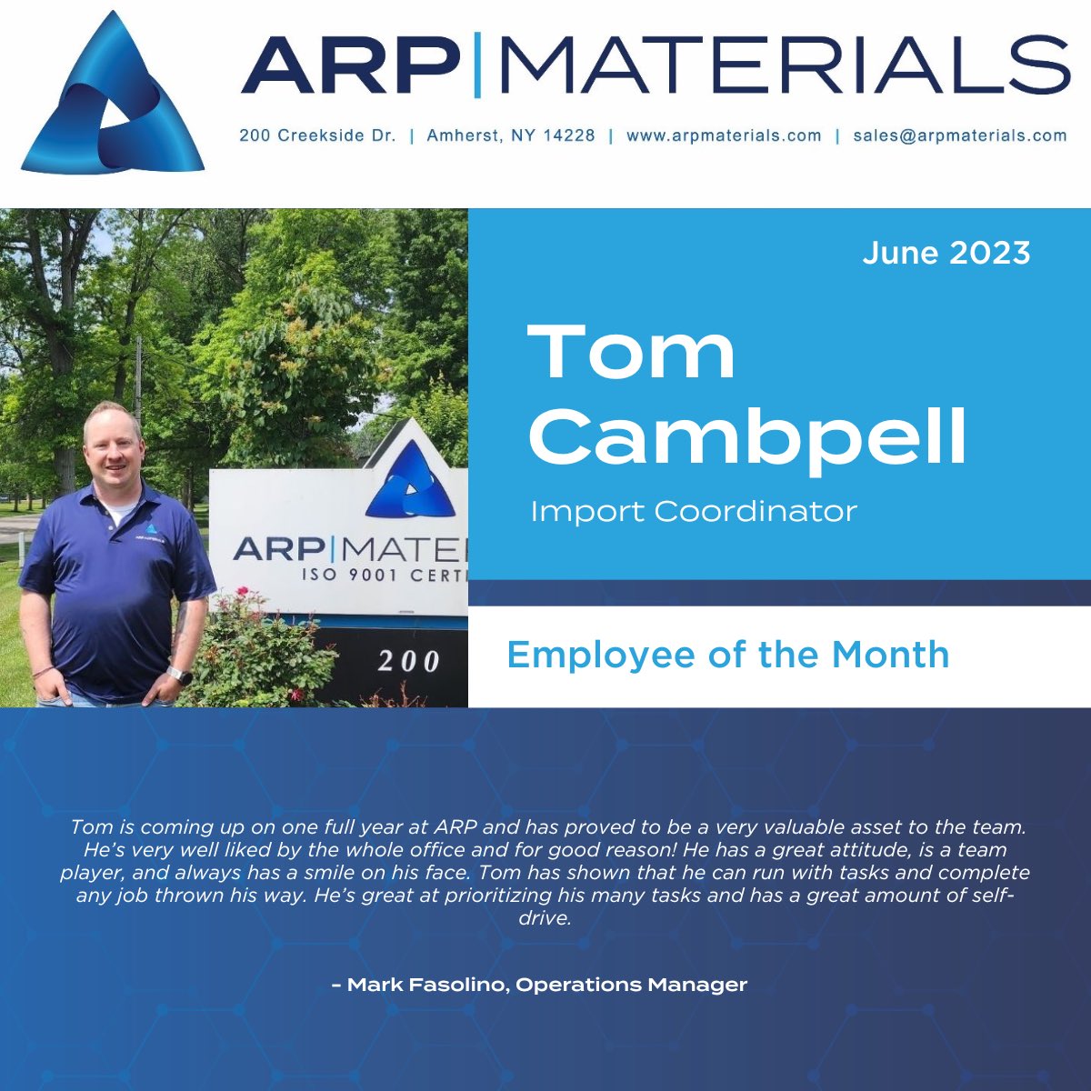 arp_materials's tweet photo. 🎇🎉🏆 We would like to give a special shout out to Tom Campbell as our Employee of the Month for June. Congratulations Tom, it is well deserved! We couldn’t do it without you! https://t.co/ocRVy9lOlq