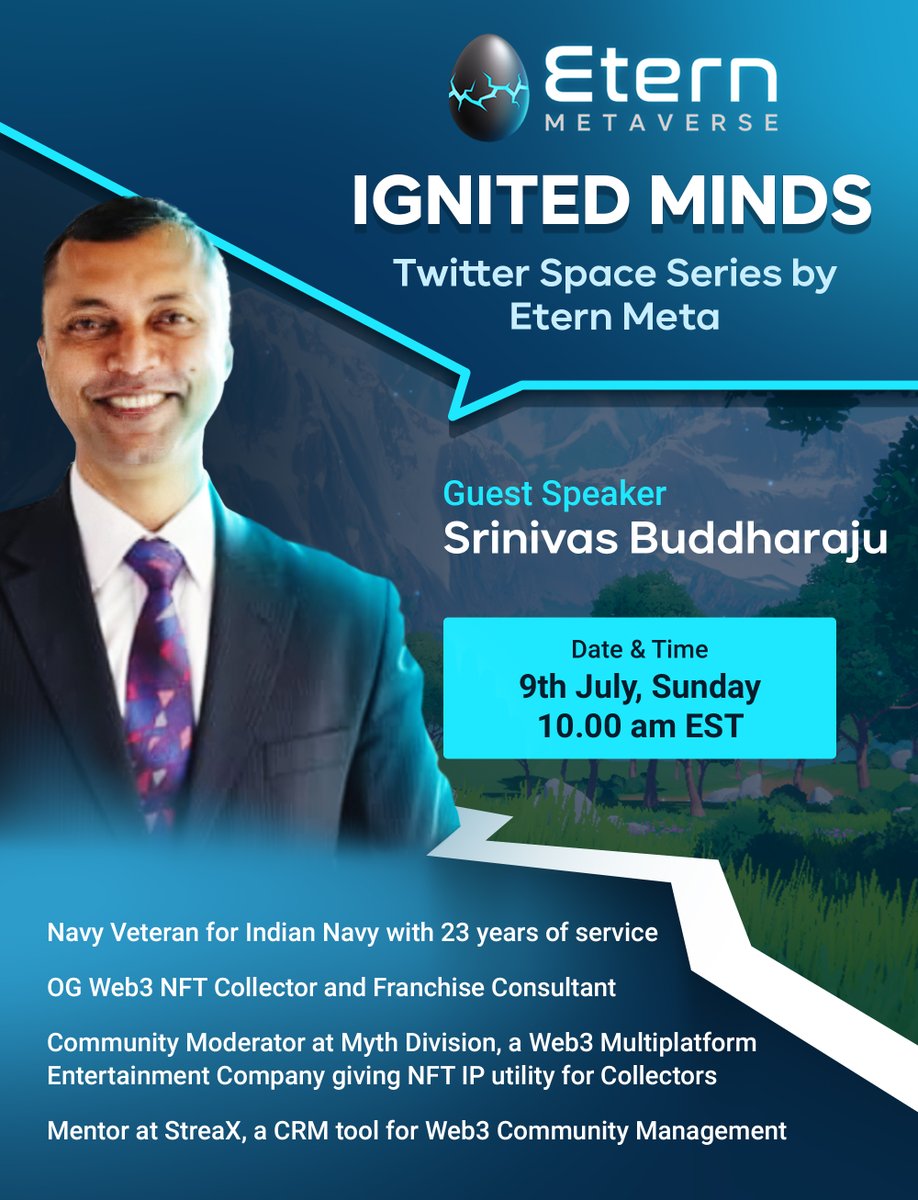 Meet @Srinigoes at <a href="/EternMeta/">Etern (Metaverse)</a> ‘Ignited Minds' Twitter Space 🚀

"The Metaverse and AI revolution begins" - Happening on 9th July, 10am EST

Drop by @ x.com/i/spaces/1zqJV…
