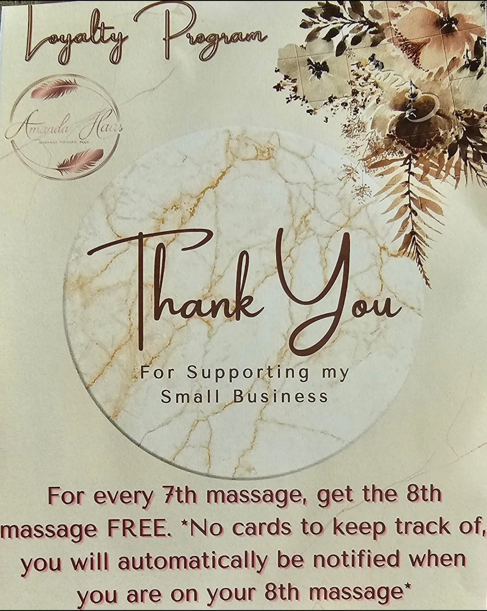 🎉Offering new customer loyalty program🎉

New massage therapy business located in orchard park near the Mangia Restaurant. Hours of operation are Monday through Friday 5pm to 9pm. Perfect evening hours! Call, text or book online at haasmassage.com