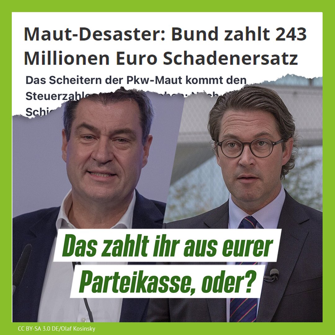Gruene_Bayern's tweet image. Die #CSU kommt uns allen teuer zu stehen. Sie wollte eine #Maut nur für Autofahrer*innen aus dem Ausland, obwohl Expert*innen von Anfang an gewarnt haben, dass das gegen Europarecht verstößt. Den Preis dafür zahlt jetzt nicht die CSU, sondern wir alle mit unseren Steuern.